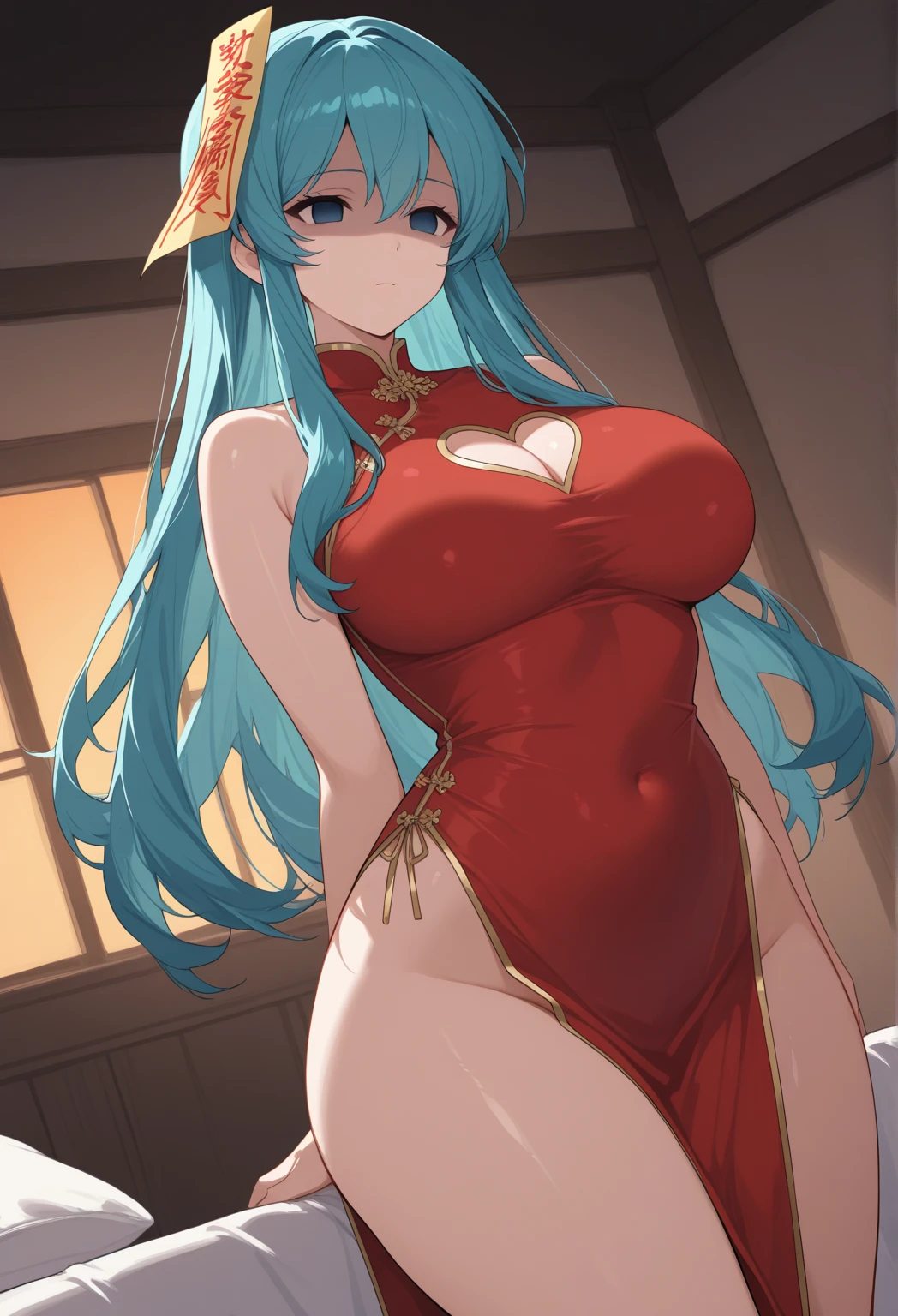 An anime-style artwork depicting rhea from the game Fire Emblem: Three Houses.

Tags: rhea, anime, detailed eyes, detailed lips, green hair, red chinese dress, smiling expression, intense gaze, glowing emblem on hand, dynamic pose, mystical background, vibrant colors, digital art, high-resolution, professional quality, gigantic breasts, cleavage, huge tits.