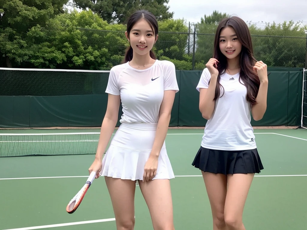 ((Top Quality, 8k, Masterpiece: 1.3)), (kneeling on the floor, open legs :1.2), Perfect Body Beauty: 1.4, large_breasts, Beautiful Woman, Two Women, Big: 1.4, Slender Figure: 1.1, Toned Abs, Dark Brown Hair, short hair, (Tennis, Wet Body, Tennis Uniform: 1.2), Ultra Detailed Face, Detailed Lips, Detailed Eyes, Double Eyelids, face to face, hug from behind, (2girls:1.6), Tennis field,