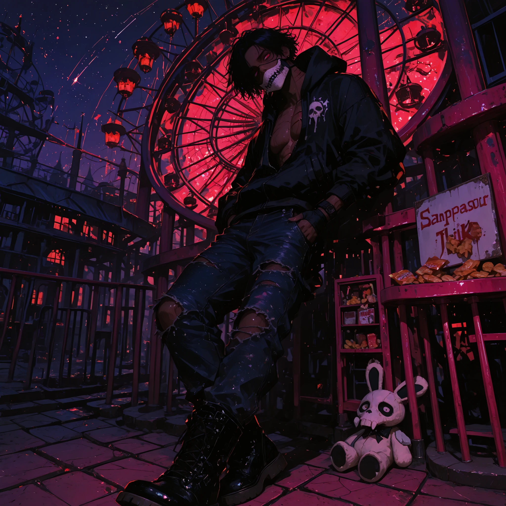 wide shot, isometric perspective, from below, male focus, foreshortening, leaning against wall, crossed ankles, head tilt, leaning back, hunched, looking at you, eyes in shadow, staring at viewer, hip focus, ((standing,)) hands in pocket, kubrick stare, relaxed stiff grumpy posture, 1 femboy, black messy hair, hair over one eye, ((saturated very dark skin)), parted hair, eyebags, red eyes, skull face mask over mouth, scar on chest, freckled, pierced eyebrow, hooded black jacket, boots, torn jeans, (((sanpaku))), fingerless gloves, (((masculine,))) ((muscular)), (((detailed eyes,))) masterpiece, best quality, cinematic lighting, highly detailed, details, ultra quality, HDR, 8k, lazypos, amazing composition, yellow pink purple carousel, amusement park stalls, stuffed animal stall, snack stall, ferris wheel on horizon, blood moon, stars, pavement, rollercoaster, amusement park, shade, backlighting, darkness, dark, vignetting