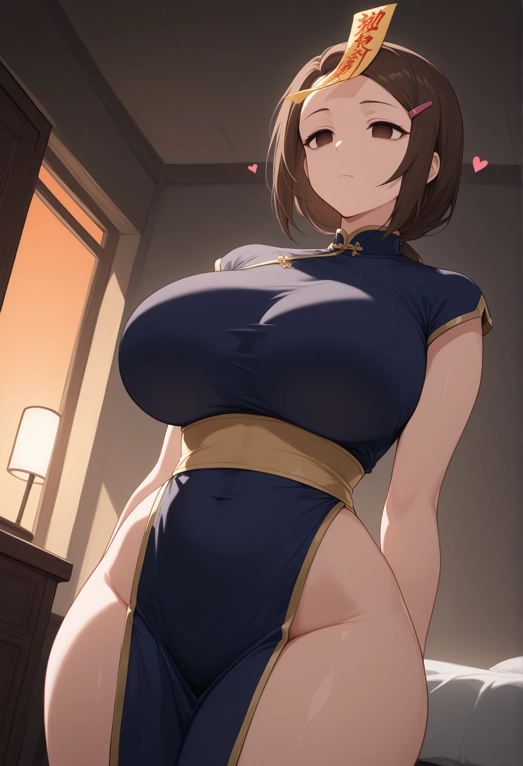 ((high reasterpiece), perfect anatomy, perfect shading, field of depth, (best quality), extremely delicate and beautiful, perfect lighting, detailed face, ultra cute face, cute, (cowboy shot 1.2), looking at viewer, full body, ((1girl)), ((solo)),
short hair, fluffy hair, brown hair, green eyelush)), nervous (chinese split dress 1.2), extremely tight clothes, medium breasts, cleavage, perky breasts, (((wide hips))), ((thick thighs)), (chubby), chubby belly, ((fat rolls)) ((belly hang)),
rich house, chinese festival, night time, intricate background, detailed background, on bed, dirty eyes