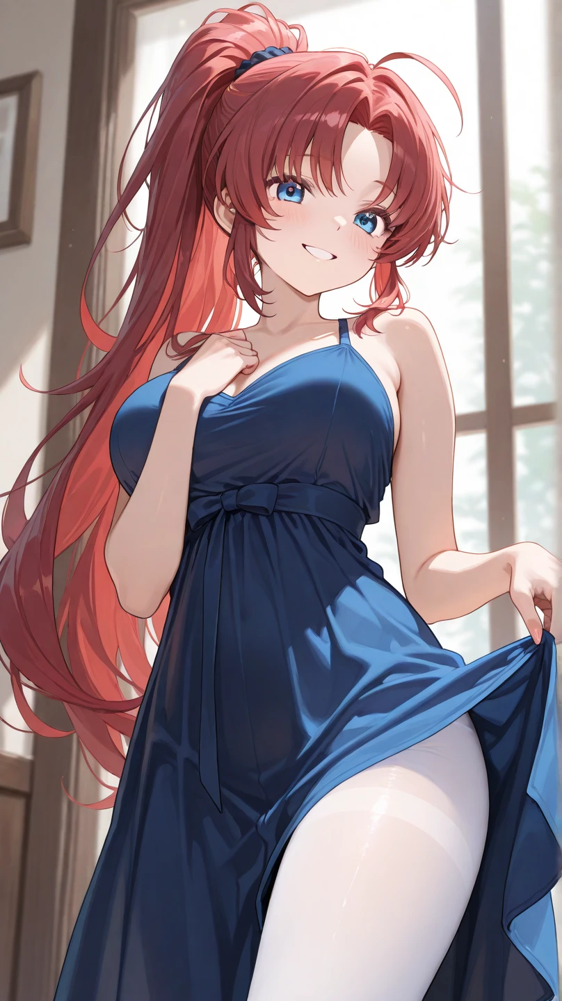 Excellent image, a young adult woman with bright makeup in a blue lace mini dress with open shoulders, with red hair, wearing high heel sandals, Hands in handcuffs, handcuffs on hands, the charges are shackled, arrest, Hands handcuffed, Posing in full growth, playful smile, hands down in front, feet shoulder width apart, handcuffs with long chain on legs