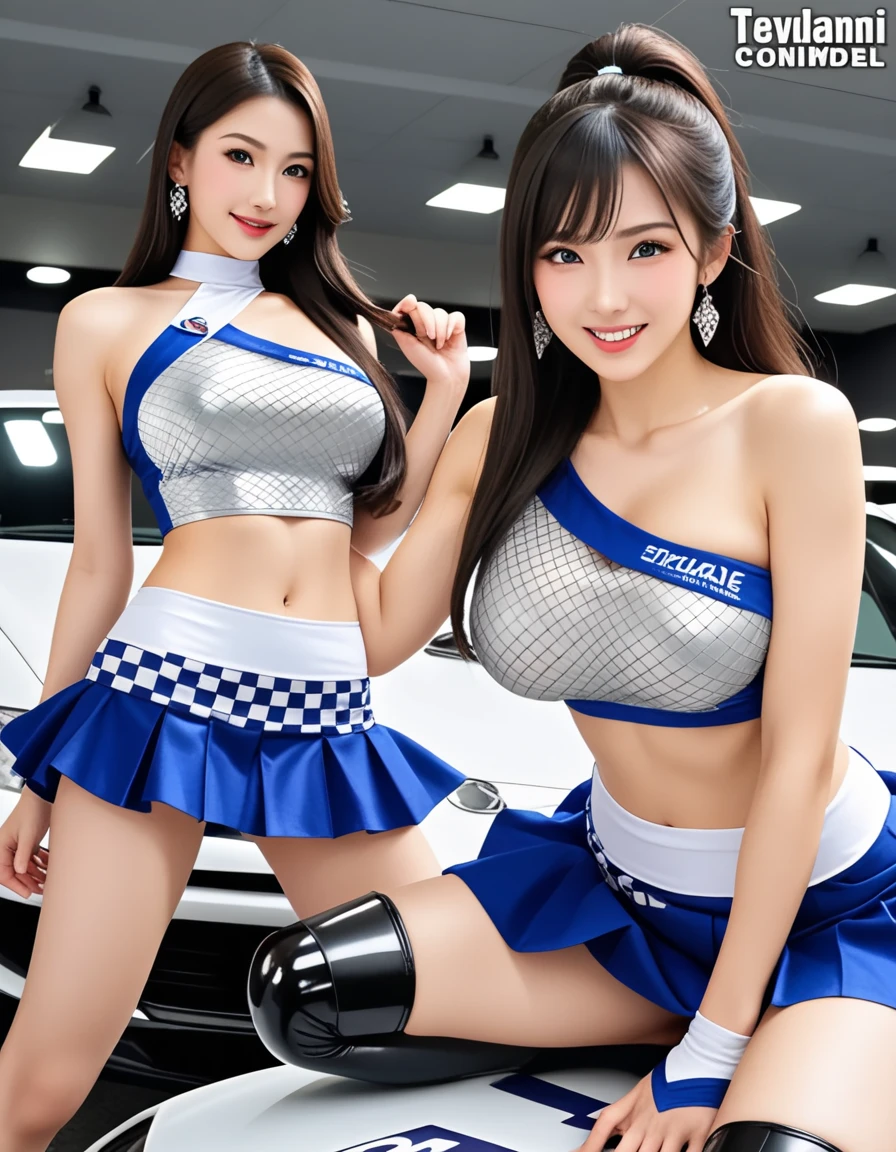 ((((Form fitting blue metallic car racing suit)))),(((Dynamic pose))),(((Abdominal Peek))),(((Show under the chest ))),(((Blue metallic and white miniskirt lift))),Earrings、(Cylace queen long boots:2.0)、(Good topless:2.0)、(Big Breasts:1.3), (smile:1.0), 観客にスポットLightを当てる, (,(Spread your chest wide:1.5), (Sexy pose),(Without helmet), (((Bare inner thighs))),(((F1 cars on display))),Ulzzang-6500-v1.1, (Original photo:1.2), (Realistic:1.4), Three beautiful and delicate girls, Very detailedな目と顔, Beautiful and delicate eyes, Very detailed, High resolution, highest quality,masterpiece, Very detailed, 8k wallpaper, wonderful, Fine details, highest quality, There is Light on the face,Light,One Girl,(Car Race Track),Beautiful Eyes,smile,Open your mouth、break,Titty fuck,laRge 胸