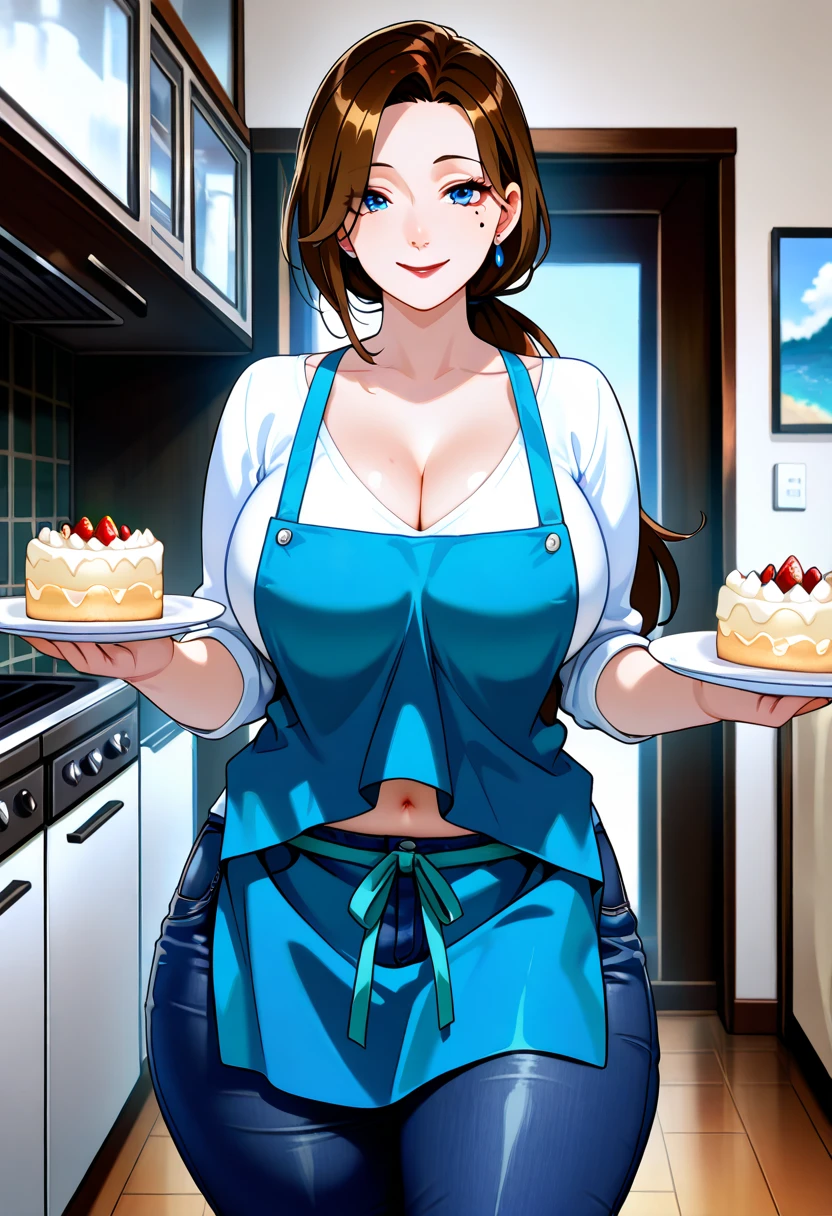 (Best Quality, Masterpiece), Women's Cooking Magazine Cover, 1girl, 20 years old, stunning, cute, warm smile, hourglass figure, floral dress, apron, food, text, chart, advertising, magazine title