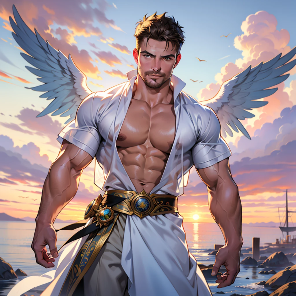 NSFW , 32k,masterpiece, best quality, detailed face, natural eyes,1man, solo mature man, muscled and mature, stephen amell as an angel , TOTALLY NAKED wearing a see thru transparent robe with THIN golden embroidery , SHOWING HIS COCK AND wearing 2 very WIDE angel's wings , showing muscles ,floating and flying in the sky with clouds , full body, intricate Detailed background at sunset