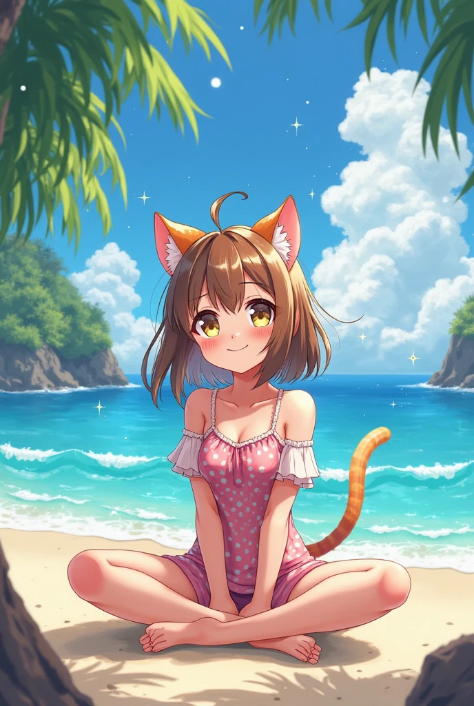 top-quality, 4K,Hi-Res, 1girl in, horse ear, nishino flower \(umamusume\),Sweating a lot in the pubic area,A tremendous amount of sweat, ,{{{Bare clavicle}}},{{{Bare arms}}}, {{{Bare neck}}},{Bare arms},bare shoulders,hair between eye, tiny chest, embarrassed from, horse ear,straight haired,embarassed face,{{{light blue eyes}}},A detailed eye,Beautiful eyes,Detailed finger,red blush,Very wide open mouth,plein air,sand beach,the setting sun,waterface,laying on back,de pele branca,white thighhig, yellow Bikini,white ruffles,{{{yellow on the waist}}},{{{Transparent Palau}}},Spread legs ,{{{Kupa-hsien}}},View from below