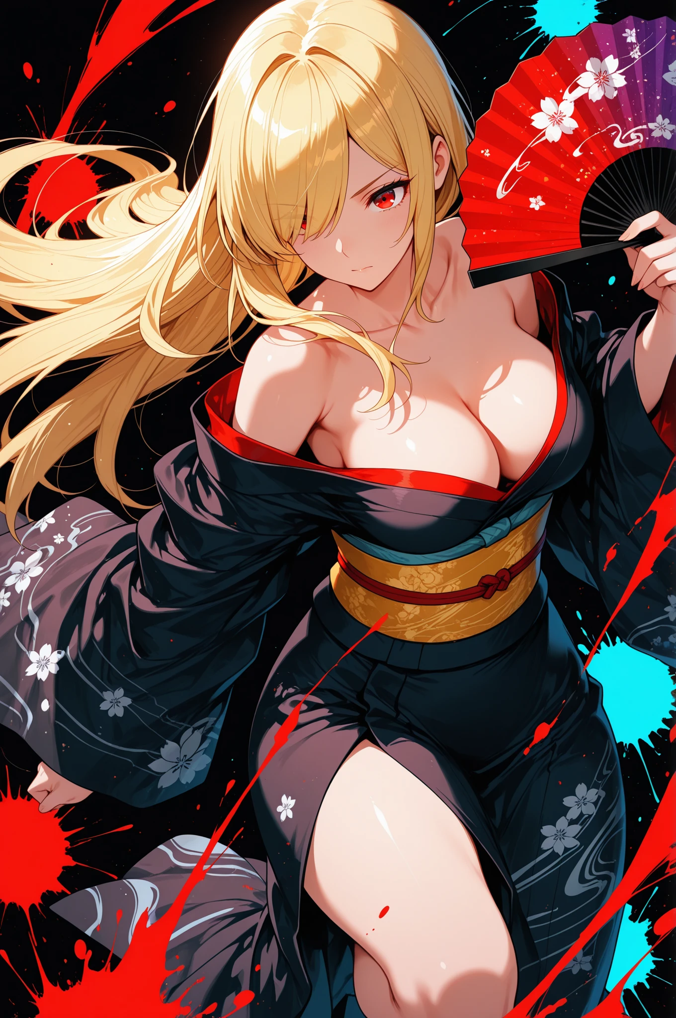 (Highest quality、High resolution、8k、masterpiece:1.2)。Her eyes were shining like stars、Curvaceous yet slender。A woman in traditional Japanese clothing wielding a large kanzashi as a weapon。She has blonde hair and wears a kimono.、A face that is unlike that of a Japanese person。She descends into the Edo period and uses a kanzashi to wipe out evil monsters.。Long Hair。Disheveled Hair。Hairpin。A Japanese doll is floating on her shoulder。Cold expression。The dark aura emanating from her。