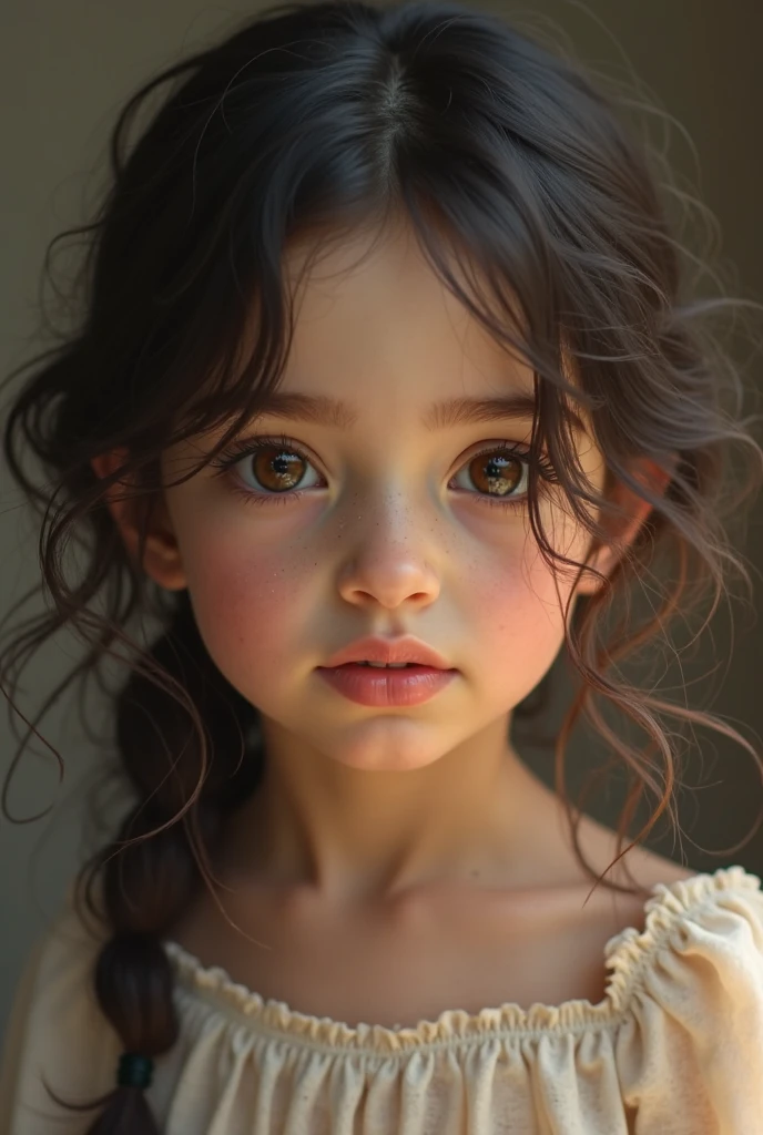 there is a young girl with curly hair and a green shirt, beautiful little girl, cute little girl, beautiful light big eyes, soft portrait shot 8 k, beautiful huge eyes, portrait of cute girl, portrait cute-fine-face, beautiful young girl, brown hair and large eyes, portrait of a cute girl, closeup portrait shot, gorgeous portrait