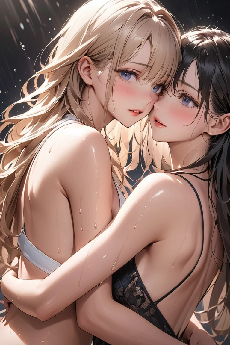 ((Biologically correct limb count))、((whole body including face))、4K、Masterpiece、((Focus on the face))、((Symmetrical, well-proportioned facial features))、Eyes with delicate depictions、Two beautiful women、Outstanding style、Slender Body、((Lingerie))、(smile）、High angle、Photo with white border、looking at the camera、Seductive pose、Blonde and brunette