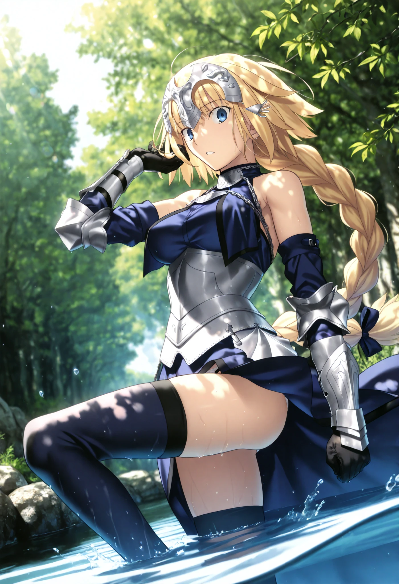 masterpiece, , absurdres, highres, detailed background, high resolution, masterpiece, necessary, detail, best quality, quality, necessary, details, High details, Precise, dark, outdoors, dappled sunlight, day, lens flare, blurry background, from below, ,river, from side,
1girl, , Takeuchi Takashi (type-moon,tsukihime) style, takeuchi takashi style, wind lift,(pantira), partially submerged, standing, knee up ,
girl, slim arms, jeanne d arc, \(fgo\), blue eyes, wide eyed, jeanne d arc, blonde hair, medium hair, single braid, ((very big braid, huge braid)), , armor, armored dress, black gloves, black thighhighs, dress, gauntlets, gloves, headpiece, blue dress, hand up, medium breasts, looking at viewer, (panties slip) ,