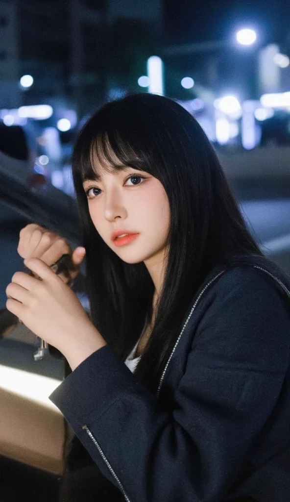 best quality, (photorealistic:1.2), 1girl, solo, detailed face, face focus, standing, black hair,(hair ornament:1.35),office lady, ribbon-trimmed sleeves, detached sleeves, ribbon trim, wide sleeves, (looking at viewer:1.5) long hair, black eyes, bangs, lips,