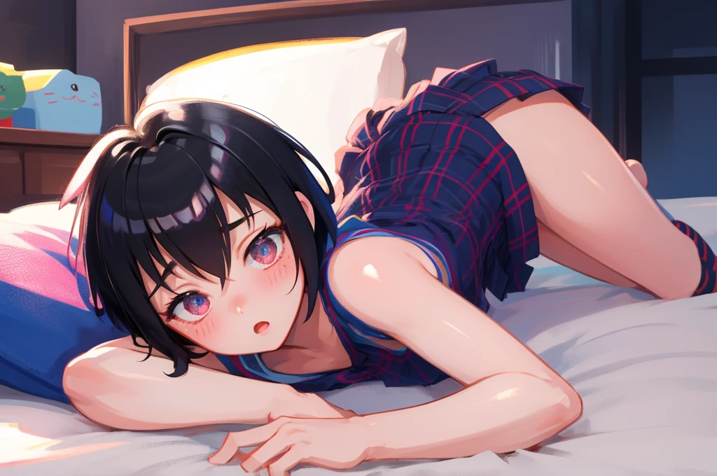 On the bed in the bedroom、Black Hair Girl、Braid、Blushing、Wearing a T-shirt、Only panties underneath Relaxing
