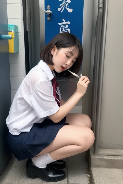 (masterpiece、Highest quality:1.2)、(Real、Real like the picture:1.4)、RAW Photos、High resolution、Very detailed、Exquisite detail、(whole body、From below)、solo、 Create a photo of a korean Asian teenager,beautiful girl, ((blonde hair)),10yo,narrow eyes:1.5,slimface,1 person、koreanidol girl、(White shirt、Short sleeve、A bow tie、Checkered mini skirt、Pleated skirt、barefoot、Thighs、socks、loafers、uniform:1.2)、blondehair、(semilong、Uncropped bangs:1.2)、Cute Face、Baby Face、Detailed face、Detailed eyes、Refined nose、Fine skin、Pale skin、(squat with legs wide spread、Straddling a glass bowl full of urine:1.8)、(Urinating、Pee stains、urination:1.5)、(Puddles of pee and poop in the bowl:1.2)、(Poop splattered in the hallway:1.5),Photo Background、indoor、School corridor、The crowd watching her、Zoomup、A thick and long pile of poop scattered on the floor、