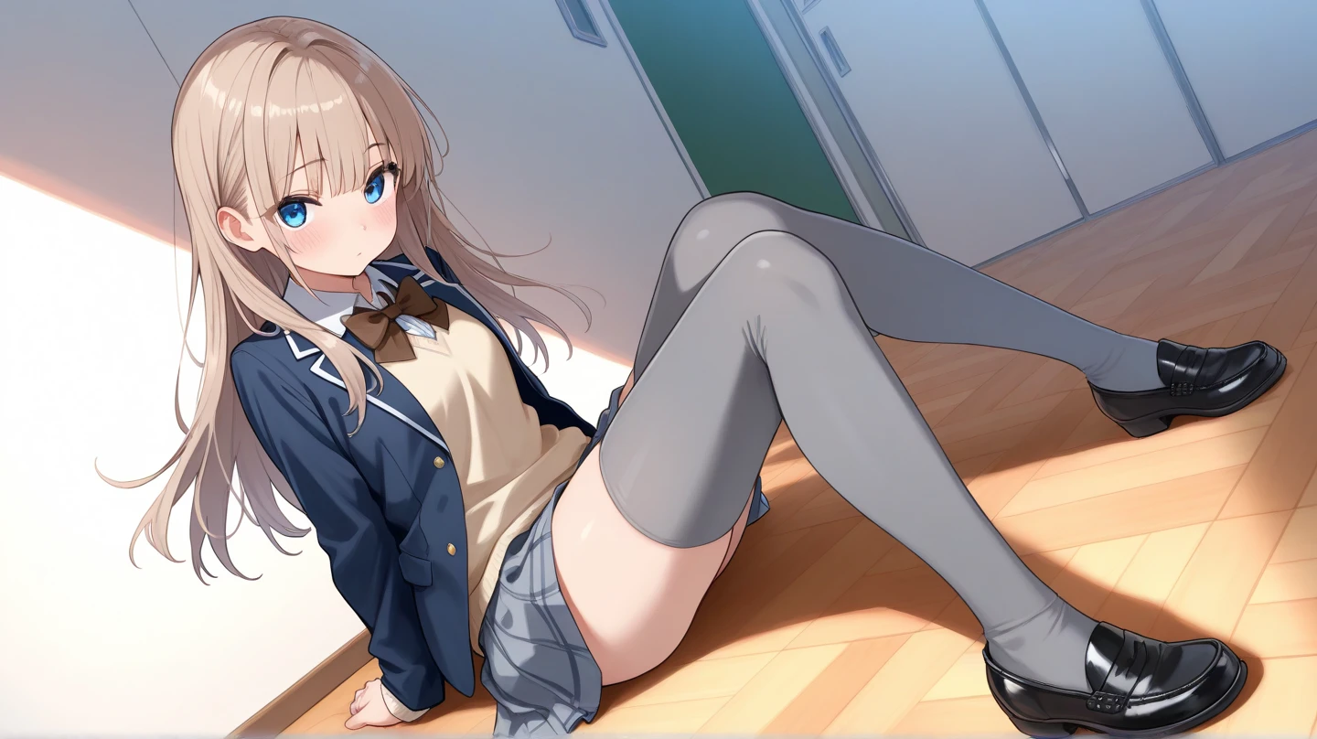 masterpiece, cute girl, sitting, large hoodie, oversized hoodie, legs together, thigh highs