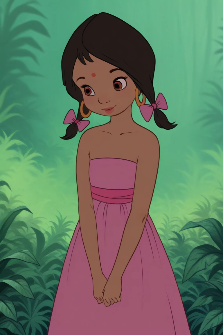 one girl,Shanti,dark haired,twin tail, brown eyes,Dark skin,hair bow,Hoop Earrings, pink dress,