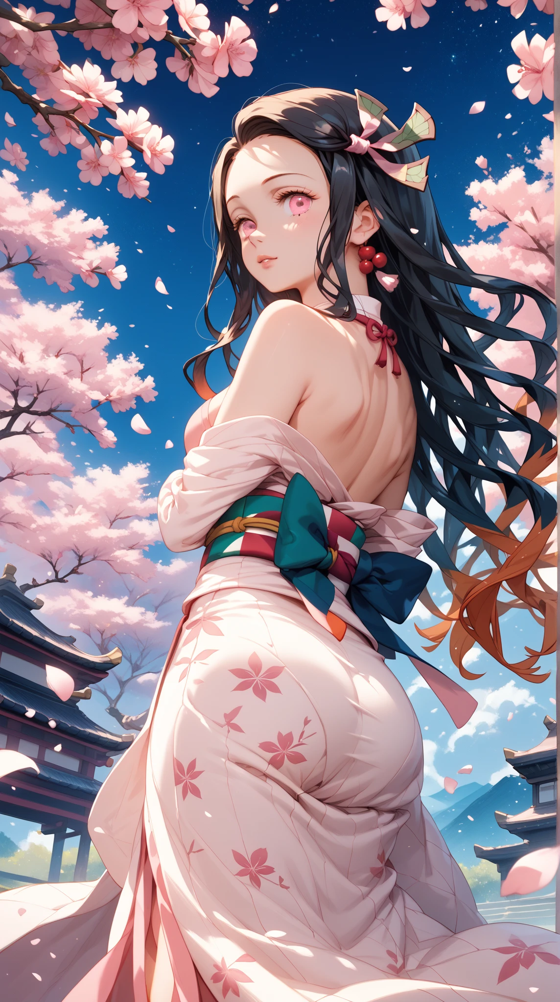 Masterpiece artwork, (pink kimono), alluring face, good ilumination, neckleace, Breasts huge, small details, Masterpiece artwork, glare eyes, 1girl, Bikini, Bblack hair, bit gag, bamboo, Nezuko Kamado, wisteria background, Masterpiece artwork, best qualityer, ass pov, fully body, Broad Hips,