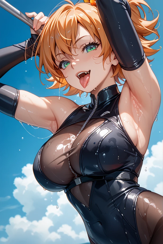 absurdres, 1girl, ocean, railing, smile, (realistic:0.75), (waving:0.9), (black three-point swimsuit), black silk pantyhose, big breasts girl, animal ears, blonde hair, red pupils, high quality, perfect light and shadow, hand details, nudity, blushing, sticking out tongue, pampering