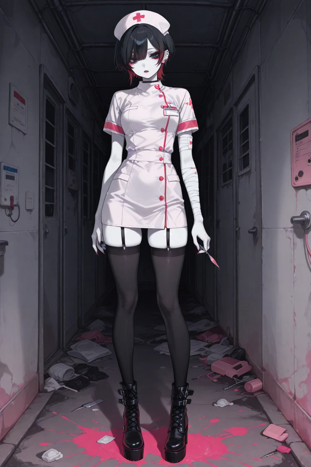 (masterpiece, best quality, 1girl, standing, black hair, straight bangs, medium breasts, white outfit, women's patient clothing, long sleeves, blood traces, intricate details, perfect eyes, chromatic aberration), (ringed eyes), (interview:1.3), RAW photo, crazy look, girl looks in the mirror, light smile, (evil:1.2), realistic style, (asylum), abandoned, dim lighting, upper body, long legs, large hips, dark background, (blood:1.1)
