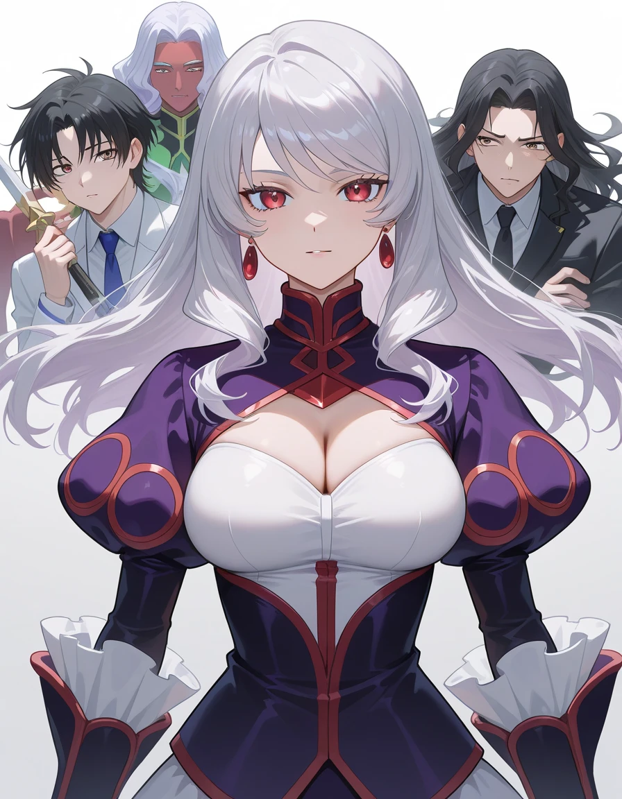 A white-haired woman with red eyes, a beautiful face, various hairstyles, long hair, an 18-year-old student with big breasts and beautiful long legs. Many girls are among the crowd.
