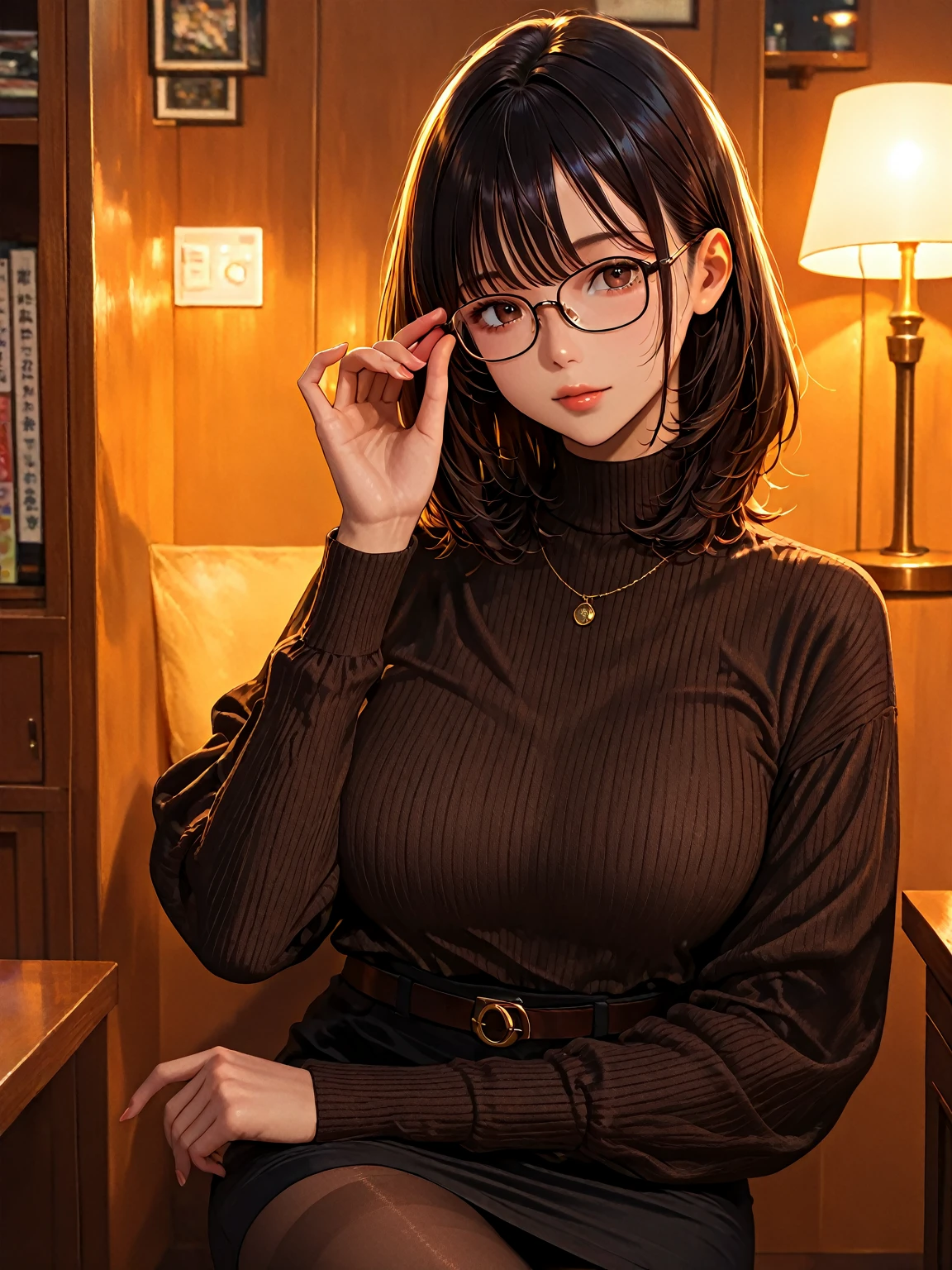 1woman,random office lady fashion,(Thin type),(large breasts),(random sexy pose),(random hairstyle),(Highest image quality,(8K), Ultra-realistic, Best Quality, High quality, High Definition, high quality texture, high detailing, Beautiful detailed, fine detailed, extremely details CG, Detailed texture, realistic representation of face, masterpiece, presence),(wearing glasses:1.2),black pantyhose