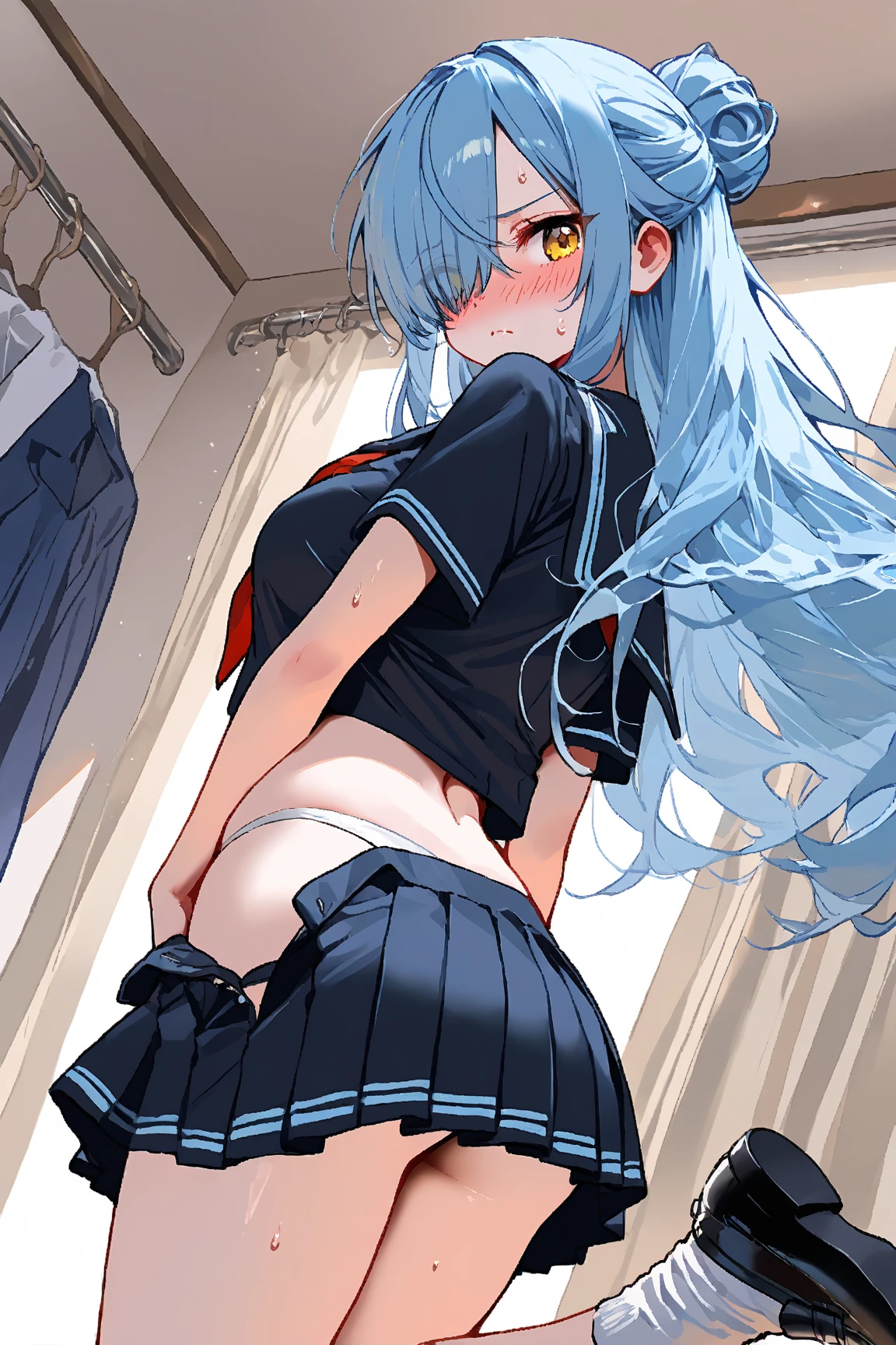(R Solo:1.3)、(masterpiece)、(best quality)、(Super detailed)、(High chroma)、(CG illustration)、high contrast、Low - Angle、urusei yatsura、Ram-chan、blush、(delicate beautiful eyes)、delicate beautiful face、((messy hair))、(( Navy blue pleated skirt and sailor collar))、see-through shirt、white panty rack stockings)、((nipple)) 、best lighting、((turn around))、Put your hands against the wall and stick your butt out