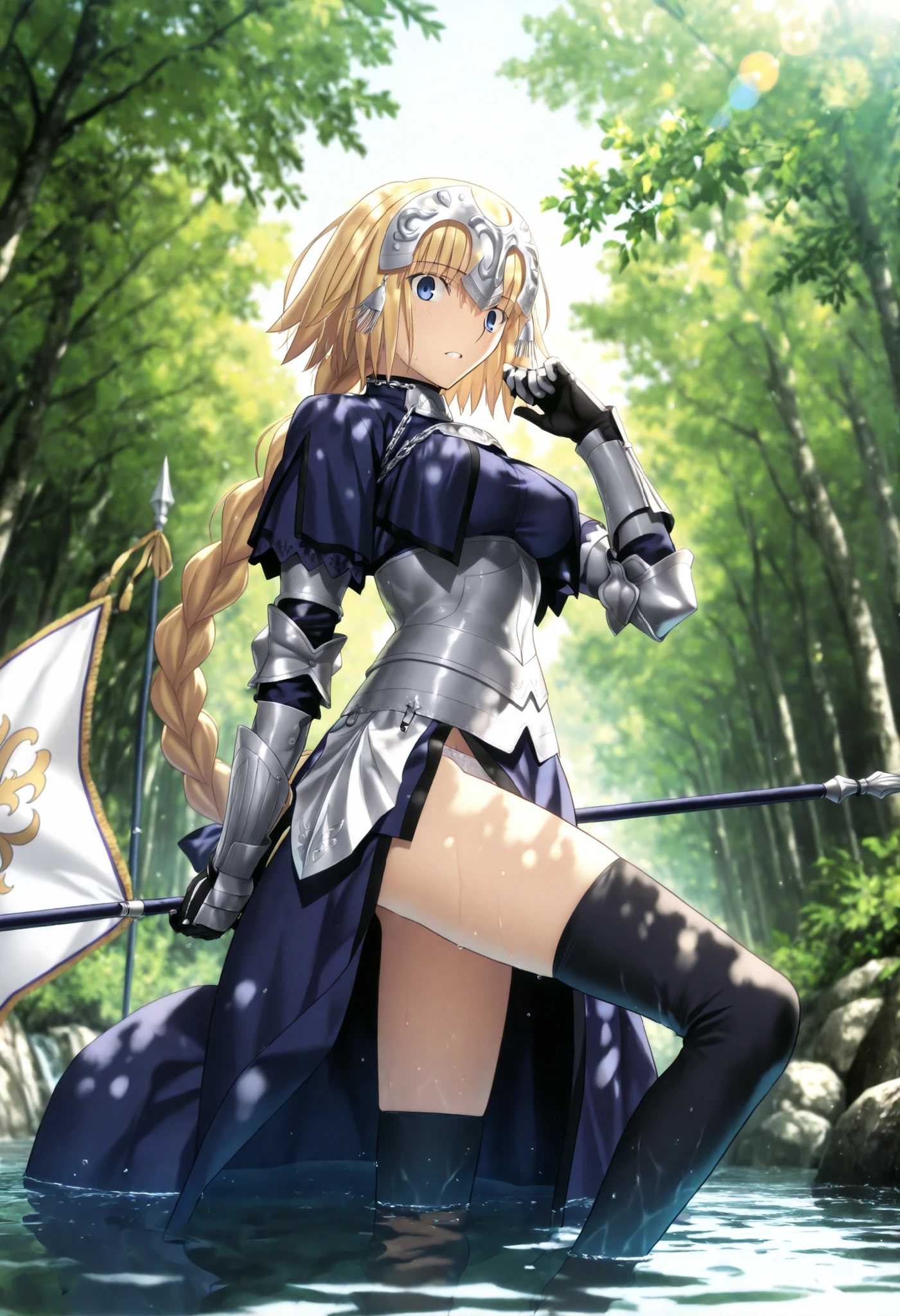 masterpiece, , absurdres, highres, detailed background, high resolution, masterpiece, necessary, detail, best quality, quality, necessary, details, High details, Precise, dark, outdoors, dappled sunlight, day, lens flare, blurry background, from below, ,river, from side,                                            
                                                                                                                                                                                                                         1girl, , Takeuchi Takashi (type-moon,tsukihime) style, takeuchi takashi style, wind lift,(pantira), partially submerged, standing, knee up ,  
   
girl, slim arms, jeanne d arc, \(fgo\), blue eyes, wide eyed,  jeanne d arc, blonde hair, medium hair, single braid, ((very big braid, huge braid)), , armor, armored dress, black gloves, black thighhighs, dress, gauntlets, gloves, headpiece, blue dress, hand up, medium breasts, looking at viewer, (panties slip) ,holding flag,                                                                                                                                                                                                                                                                                                                                                                                                                                                                                                                                                                                    