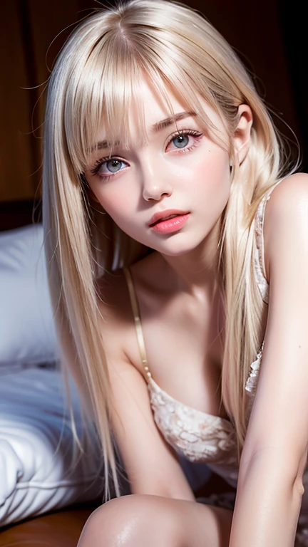 (hyperrealistic), (illustration), (high resolution), (8K), (extremely detailed), (best illustration), (beautiful detailed eyes), (best quality), (super detailed), (masterpiece), (wallpaper), (detailed face), solo, 1 girl, white wavy hair, korean, heterochromic eyes, small moles under the eyes, loose white shirt, maid outfit, big breasts, long legs, tight abs, camel toes, stockings