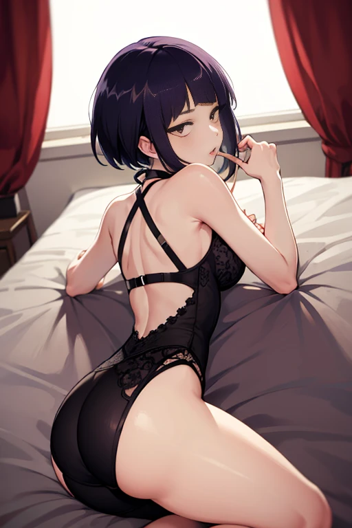 high definition, 8K, detailed face, ((big ass)) grabbing her ass, showing her ass, bending over, Komi Shuuko, ((Deep purple eyes)), ((black lingerie)), spa, ((large breasts)), slim and thin, body of equal proportions, ((focus on her ass)), back view, four fingers and 1 thumb, ((2 hands)), Purple short hair, Beautiful smile, Smiling at viewer, blushing cheeks,