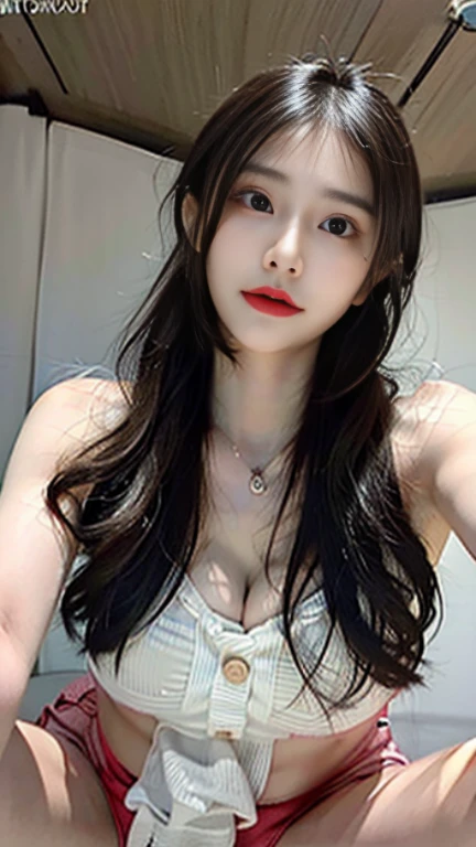 (big round breasts: 1.6), (half body), very delicate and beautiful, masterpiece, top quality, ultra high resolution, 16k, realistic, super detailed, 1 girl, forehead, dark hair, solo, ((very voluptuous glamor) ), Squinted eyes, dark eyes, sparkling eyes, black hair, gloves, dress, luxurious jewelry, earrings, piercing eyes, elbow grooves, hair tied up with hands up, mesh off-shoulder bra in random colors, mesh short dress in random colors , various and bold postures, long eye makeup, narrow eyes, smiles, lipstick, complex petal patterns, rim lights, backlights, pastel colors, studio lighting.