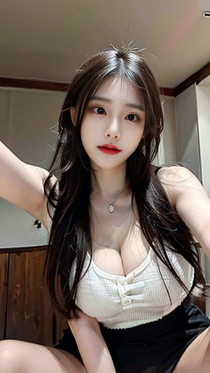 girl RAW photo, (masterpiece:1.1), highest quality, ultra high resolution, highly detailed, (realistic:1.4), sharp, facial details, fine eyes, detailed face, 1 girl, revealing clothes, (black hair:1.0), (huge breasts:1.2), looking at the viewer, nightclub background
