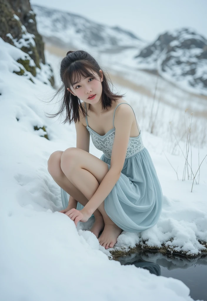 masterpiece、A detailed eye、超hight resolution(reality:1.4) A slender,skinny body、being thin、thin and long legs、 (A hyper-realistic), (hight resolution), (8K), (ighly detailed), (ultra-detailliert), 详细的脸,、NSFW、Inter-strands、fullnude、((((Naked play、snow field))))、huge smile、(((slaves、性slaves、Standing、magic wands)))、beautiful hairl、poneyTail、snowman