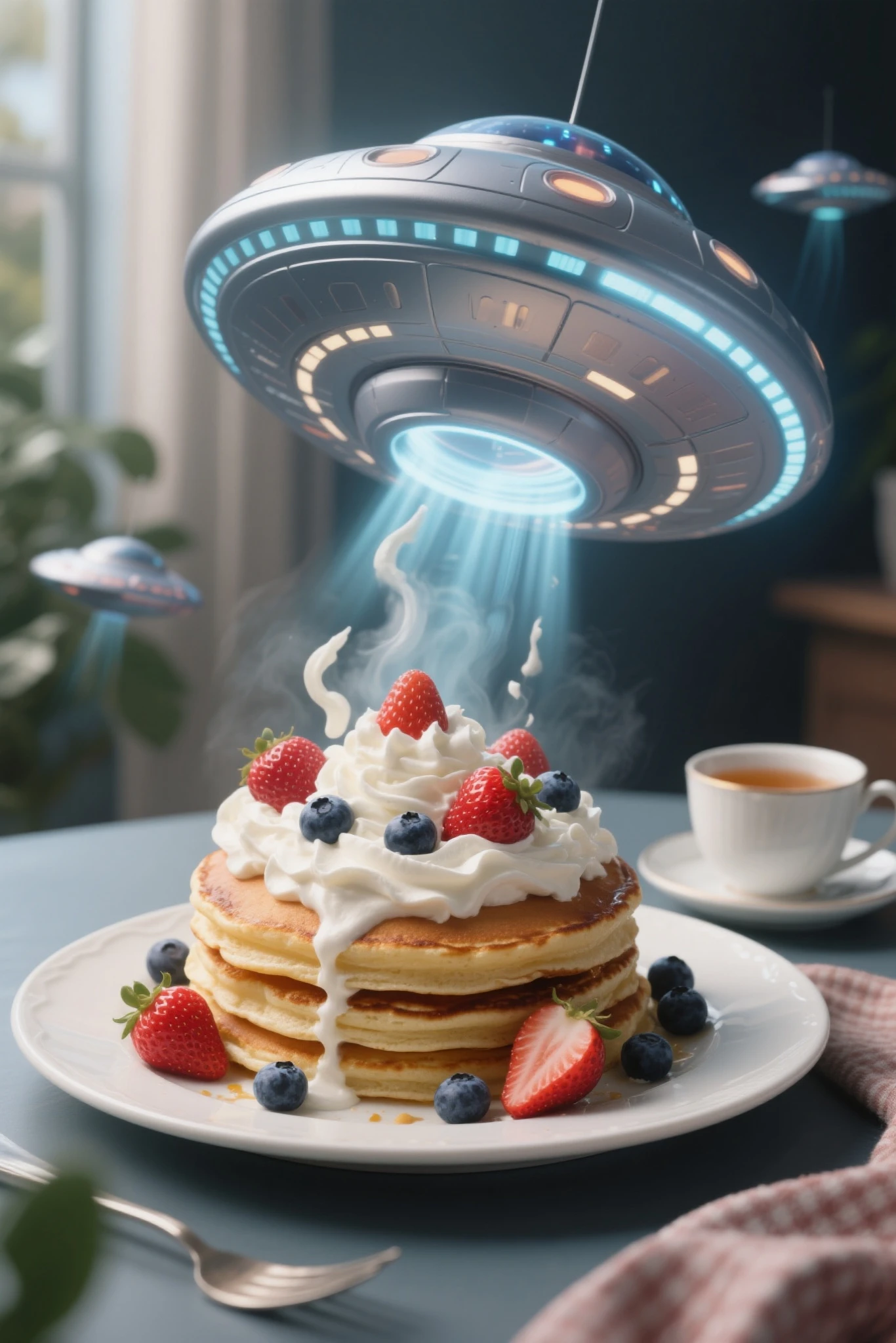 Sweet transformation. Photorealistic, 8K quality. Hyperreal. Delicious pancakes. Decorated with whipped cream, blueberries, and strawberries. A cup of tea stands next to them. The delicious pancakes suddenly transform into UFOs and rise from the plate. Surrealism.