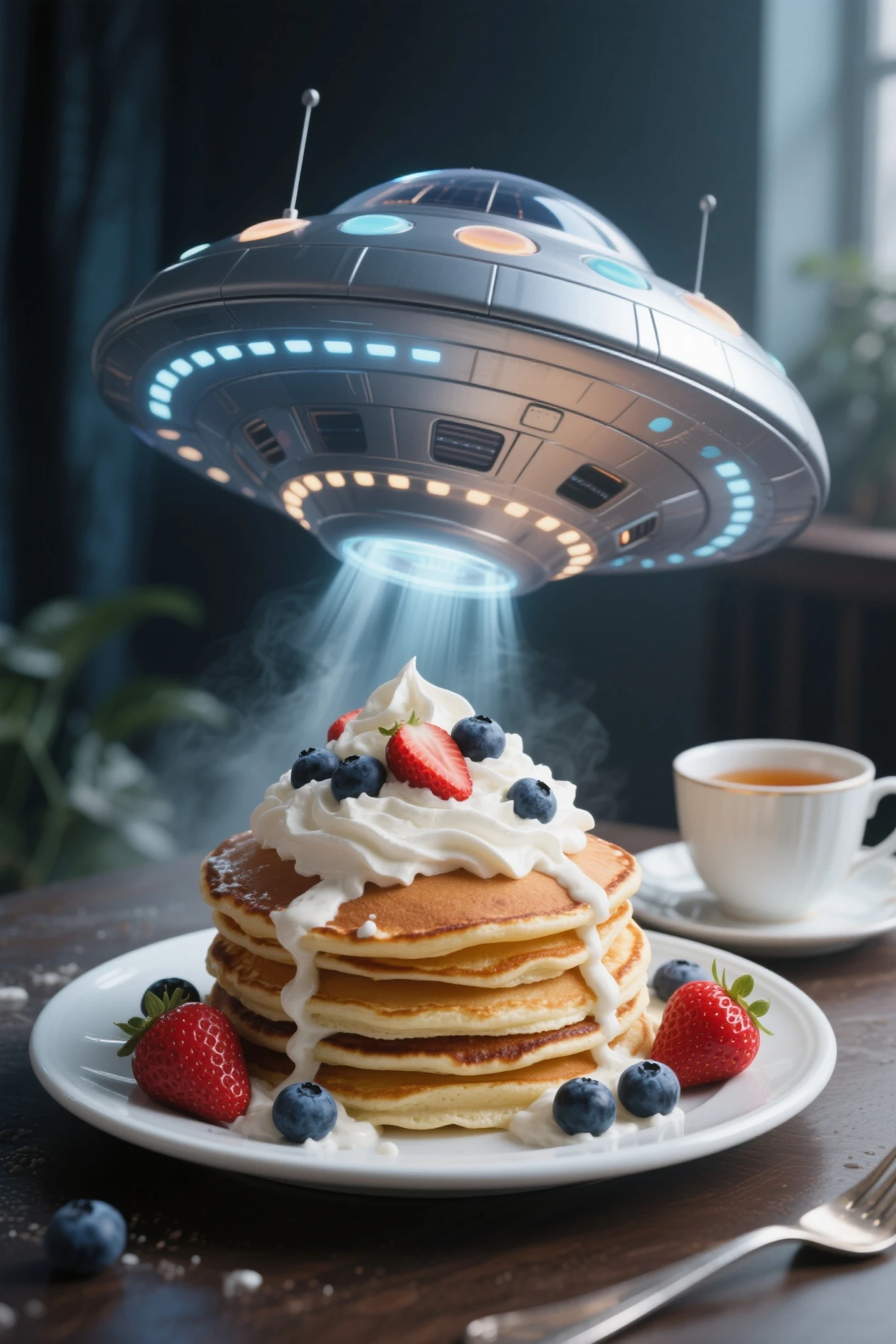 Sweet transformation. Photorealistic, 8K quality. Hyperreal. Delicious pancakes. Decorated with whipped cream, blueberries, and strawberries. A cup of tea stands next to them. The delicious pancakes suddenly transform into UFOs and rise from the plate. Surrealism.