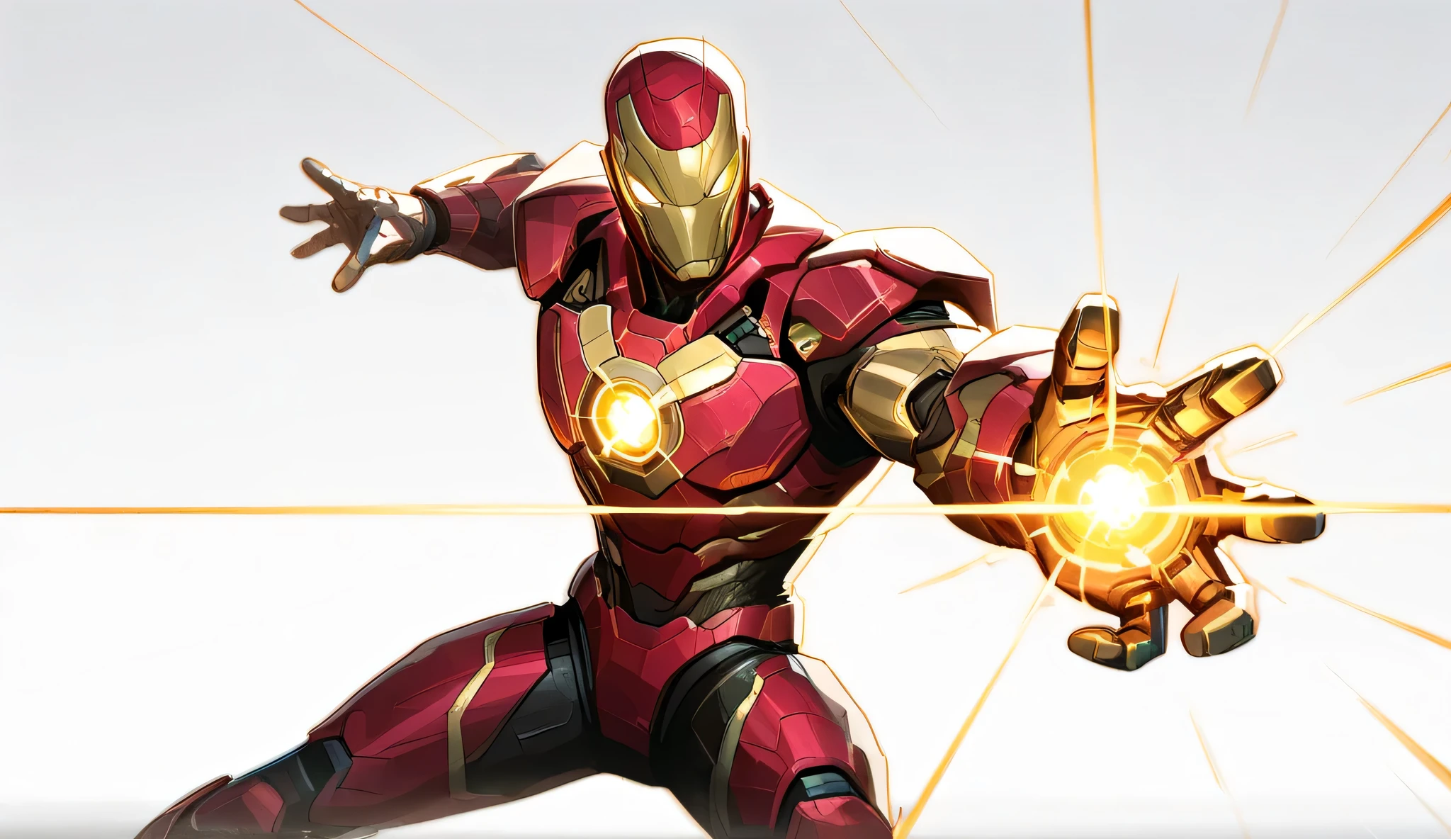 1 male, futuristic, 2D cartoon style, white background, right side, red and gold high-tech honeycomb design nanotech armor assembling over his arm in segments, glowing blue energy lines,  dramatic lighting, white background, cinematic shadows, The character has a large, a big shiny sky blue titanium round helmet with glowing yellow digital face features , energy core glow in chest, left arm extended showing armor formation, right hand gesturing calmly, dynamic pose , inspired from ironman, good anatomy, 8K ultra HD, closeup shot 