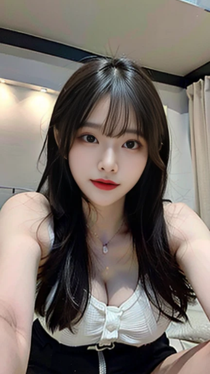 realistic photos of (1 cute Korean star) flipped hair, thin makeup, big breasts size, sexy erotic tiny string of G-string lingerie, at the train station, clear facial features of Canon EOS, 16k, high resolution, sharp and realistic details,  overexposure, cut-in, UHD, high res, best quality, half body, sweet smile, (sweating)