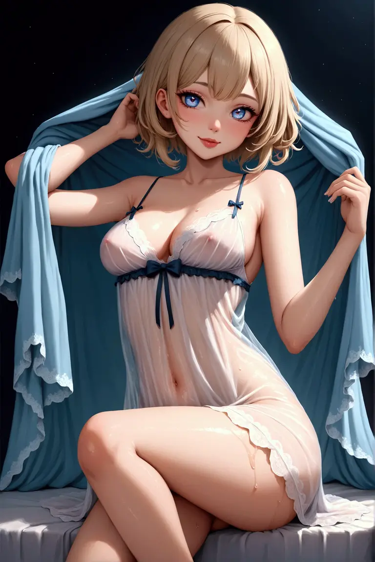 ((Artwork)), (Highest quality), ((1 male, cute)),((Link)), Staring at the audience, ( Short blonde, blue eyes), Happy, A seductive smile, ( Pink nightgown), (White Pantyhose, Pink choker, Pink High Heels) , Body leans forward, Put your hands behind your back,(Big Lips)
