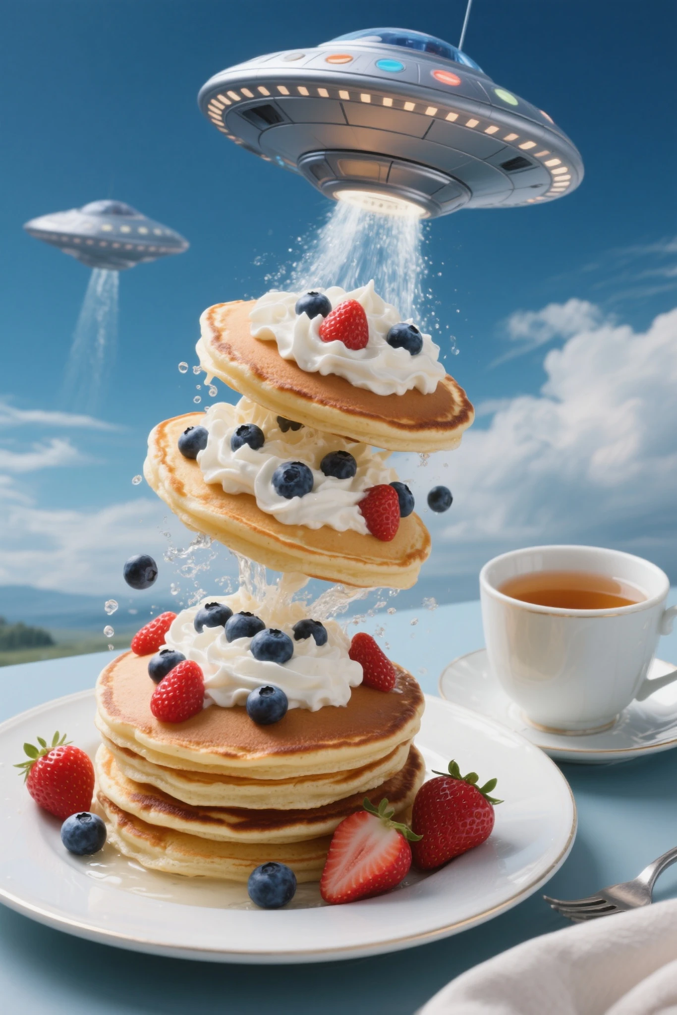 Sweet transformation. Photorealistic, 8K quality. Hyperreal. Delicious pancakes. Decorated with whipped cream, blueberries, and strawberries. A cup of tea stands next to them. The delicious pancakes suddenly transform into UFOs and rise from the plate. Surrealism.