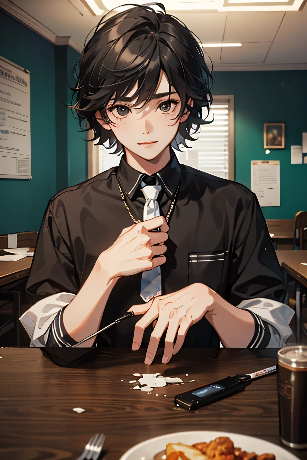 (masterpiece, best quality:1.2), cowboy shot, solo, male focus, 1boy, dazai osamu, brown jacket, white pants, bandages, (blood:1.1), sitting in a bar, dark, sitting, smirk, glowing eyes, gun on table, blood splash on  face, mafia, holding gun to his own head, toungle out, (pistol:1.1)