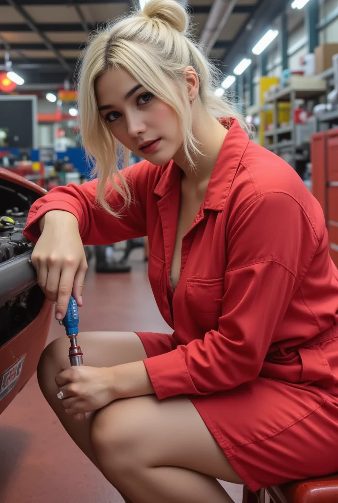 model name Martina, young woman, gray eyes, blond hair, realistic and detailed face,beautiful woman, , detailed face,Mistress, masterpiece, Ultra detailed and realistic 8k 4K, realistic, sarcastic, very detailed, looking up from the ground, there is a girl in the workshop, single ponytail, milky skin, long hair, she is a mechanic, shorts, sitting, knees raised, red theme, 25 years old, full body, wearing Nike shoes, necklace, wearing many bracelets, holding a wrench, perfect figure, long legs, car, car parts, cyberpunk, looking into the camera,