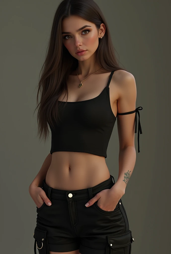 The teenage girl wore a sheer black crop top with a plunging neckline and low-waisted short jeans. stand in school., full body , perfect light perfect composition Beauty Award winning masterpiece Artstation 8 k Artgerm Mucha Dim Volumetric lighting Octane 18 k Beautiful detail rendering. post processing, portrait, exaggerated detail, complex, grand composition, cinematic lighting, masterpiece, trending art station, high detail, masterpiece, beautiful, 18k , HDR, smooth, sharp focus, high resolution