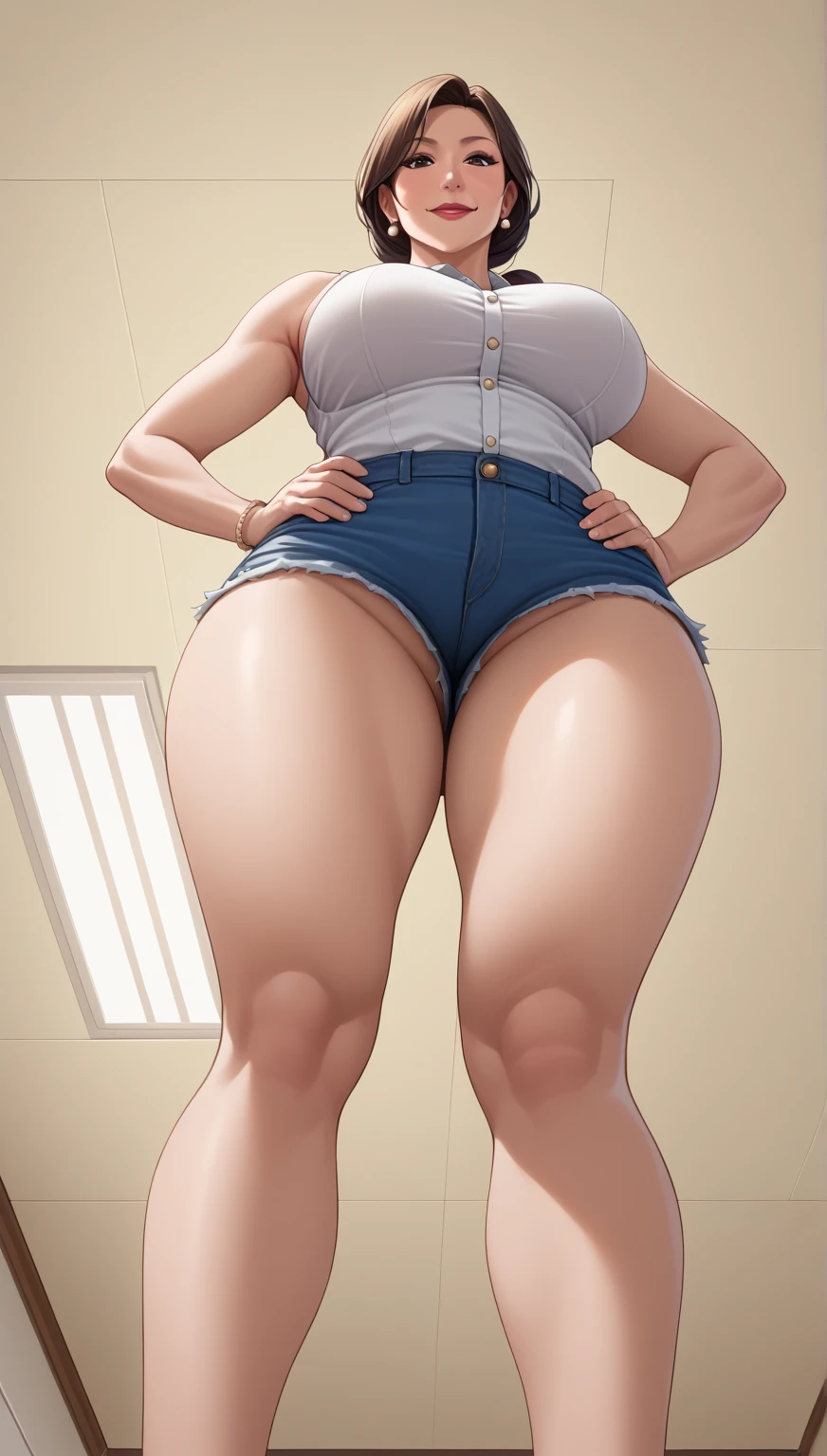 Realistic Lower body only Wearing denim shorts
Thighs thick, lustrous, sexual
