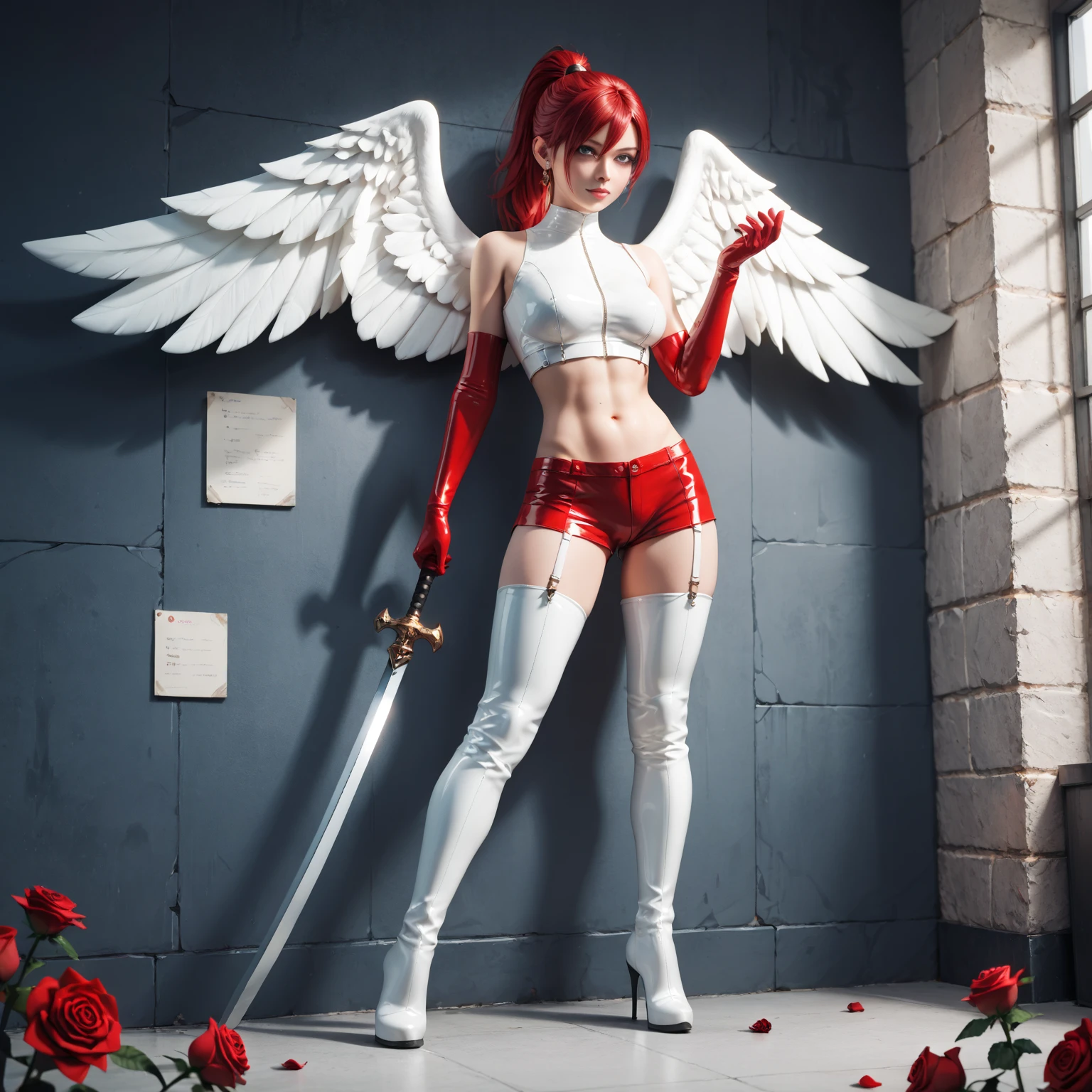 25 year old woman with short undercut deep red hair dressed in a skimpy angel mistress outfit with leather miniskirt, cleavage, belt, wings. Blue eyes with eye liner. Neutral background