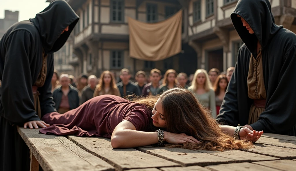 medieval beautiful woman crawling near, her head on chopping block, on wooden stage , watched by crowd, beside her a man with giant Axe