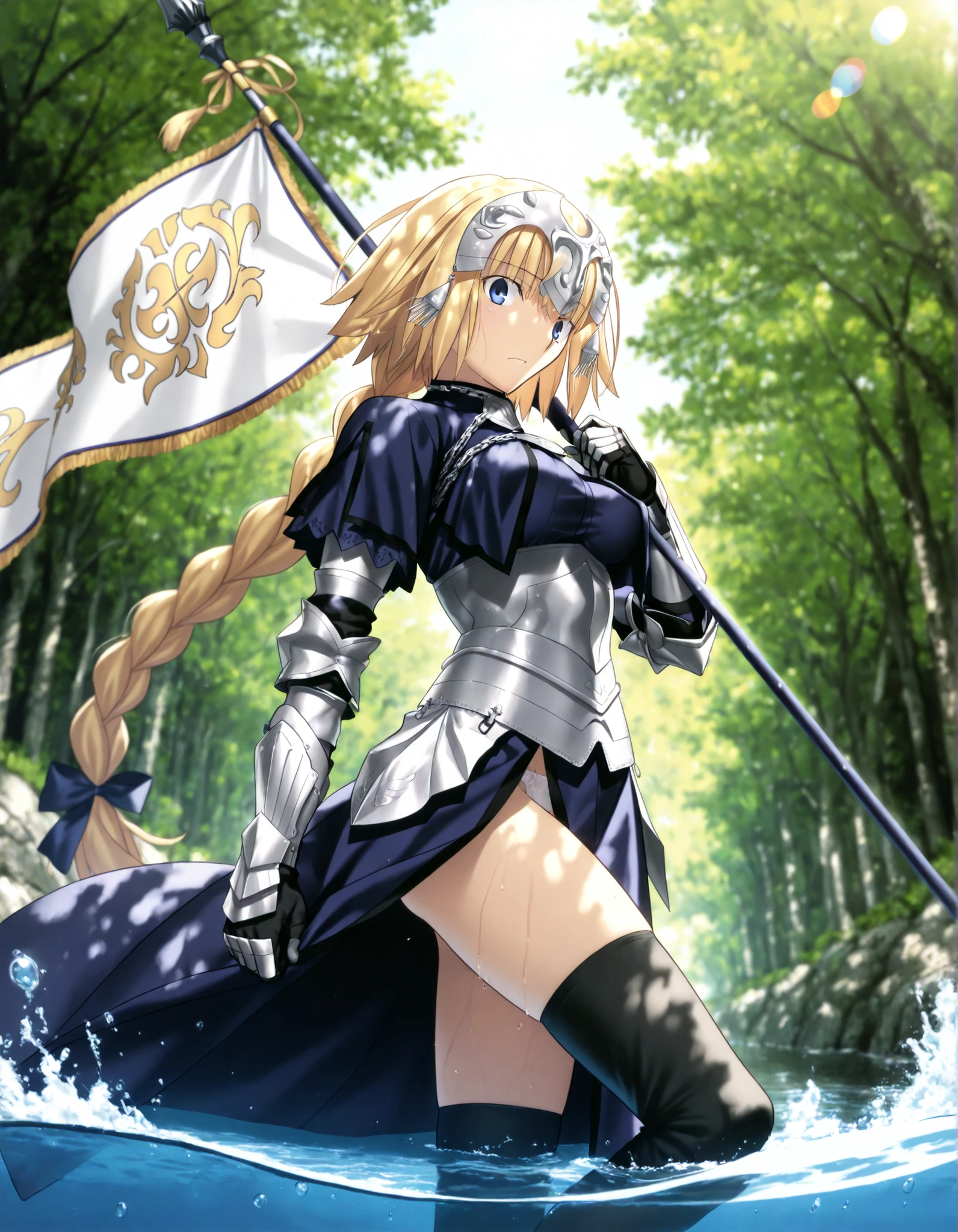 masterpiece, , absurdres, highres, detailed background, high resolution, masterpiece, necessary, detail, best quality, quality, necessary, details, High details, Precise, dark, outdoors, dappled sunlight, day, lens flare, blurry background, from below, ,river, from side,
1girl, , Takeuchi Takashi (type-moon,tsukihime) style, takeuchi takashi style, wind lift,(pantira), partially submerged, standing, knee up ,
girl, slim arms, jeanne d arc, \(fgo\), blue eyes, wide eyed, jeanne d arc, blonde hair, medium hair, single braid, ((very big braid, huge braid)), , armor, armored dress, black gloves, black thighhighs, dress, gauntlets, gloves, headpiece, blue dress, hand up, medium breasts, looking at viewer, (panties slip) ,holding flag,