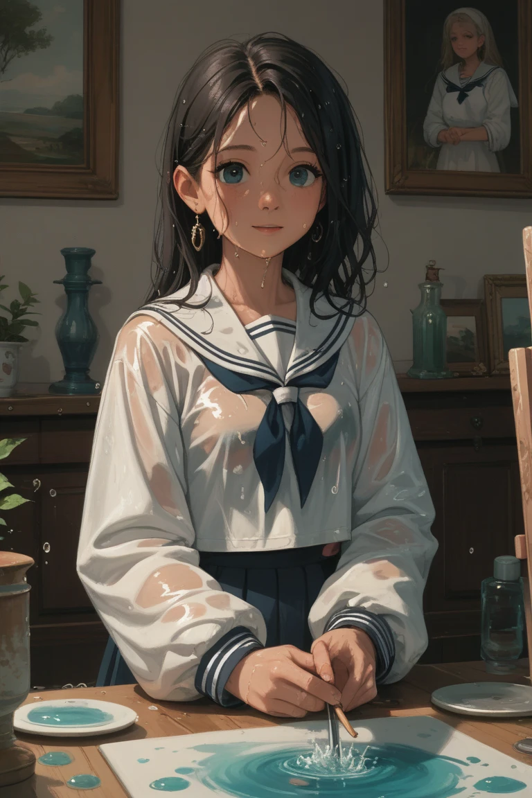 In anime painting, 、long sleeve is wet and transparent、white sailor suit、Please make an image of a cute family manipulating water magic。