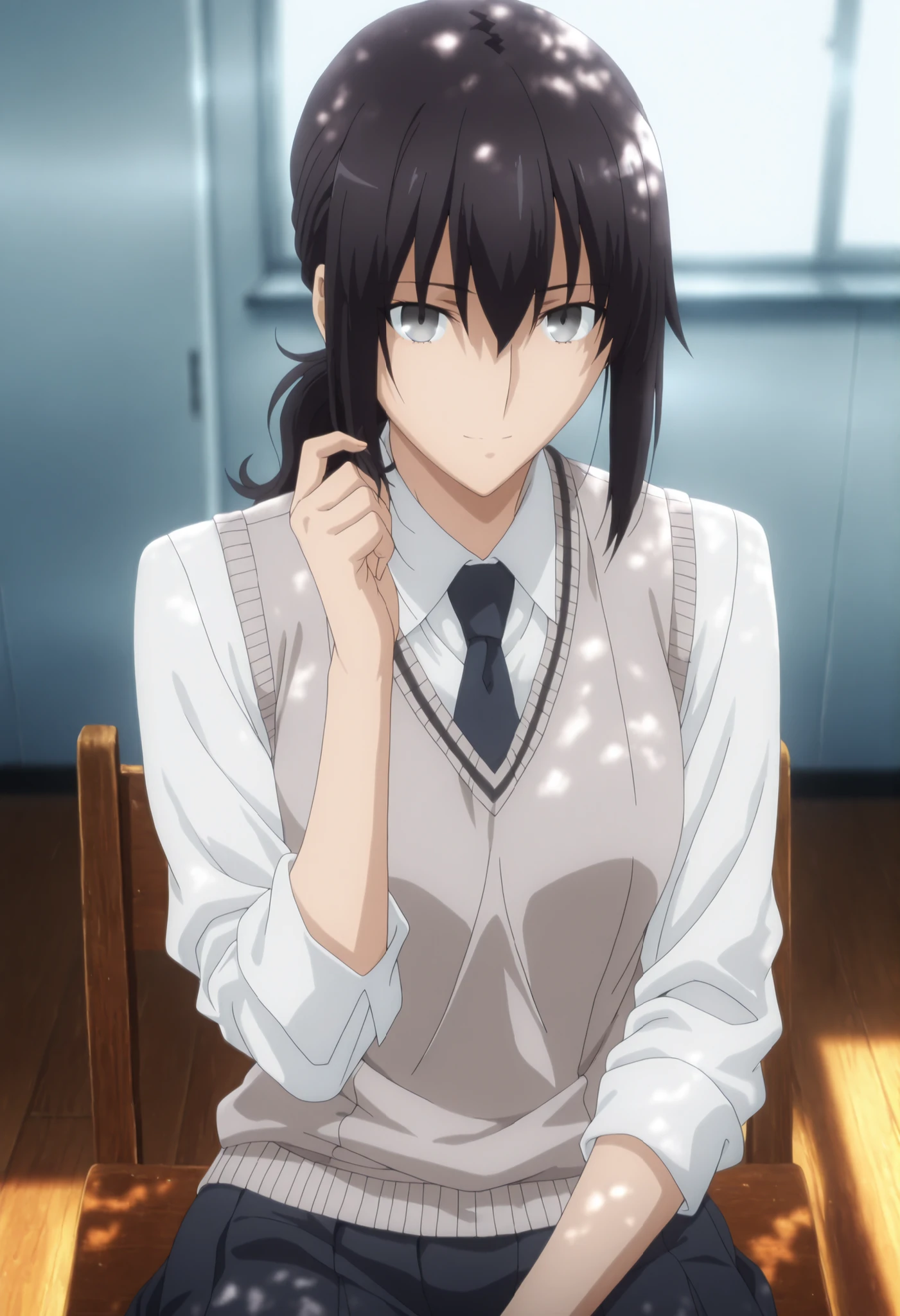 masterpiece, best quality, amazing quality, highres, absurdres, very aesthetic, high resolution, ultra detailed, perfect details, day, upper body, indoors, ufotable style, (dappled sunlight), backlight, ,from above, , cowboy shot,
1girl, solo, ufotable style, anime style, (anime coloring), (anime screencap) ,(aged up:1.4), playing with own hair,
girl, mature, slim body, slender body, ,Fate Grand Order, fate, Fate Grand Order, medium hair, (straight hair, low ponytail), light gray eyes, black hair, , white shirt, (gray sweater vest), dark blue necktie , long pleated skirt, ((small breasts)), looking at viewer,, sitting, (expressionless), , very light smile, ,