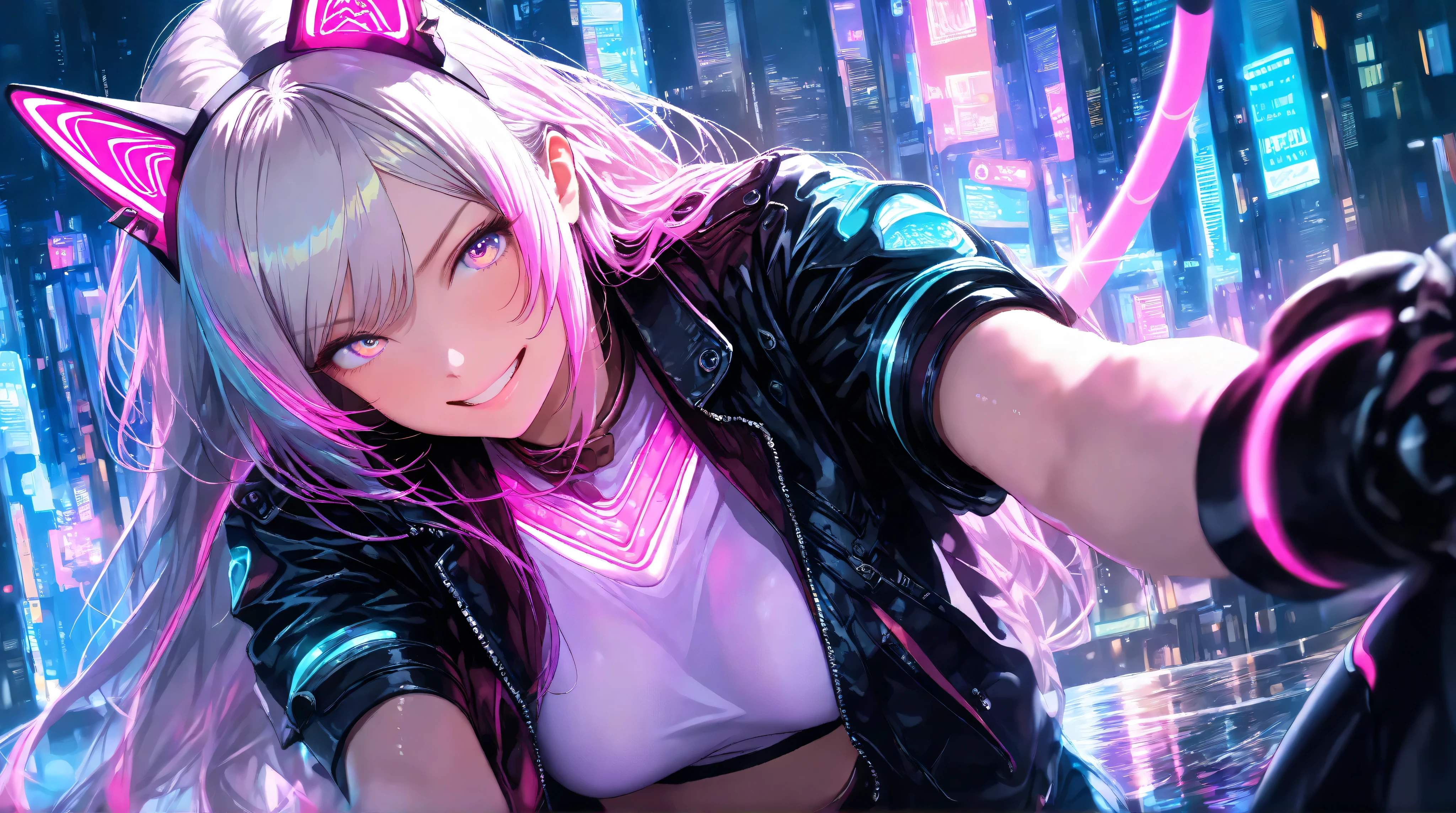 Quality:(Score_9), (masterpiece, detailed:1.2), (ultra-detailed), (ultra-quality), (super-resolution), (detailed-background),(photorealistic):1.4,

Art Style:(2.5D):1.5, (realistic lighting):1.3, (realistic texture):1.2, cinematic lighting, volumetric lighting, ray tracing, depth of field, neon glow, cyberpunk lighting, vibrant pastel color palette, dramatic angle

Subject (Foreground):
(close-up),(Breathtaking 20-Year-Old Fairy Cat Bounty Hunter Woman):1.5, (triumphant-grin):1.4,(determined expression), highly detailed eyes,vivid eyes, delicate and moisturized lips, (smooth and Slender body lines), translucent and moisturized skin, graceful knee lines, natural and beautiful leg lines, delicate body contours,
(detailed-skin-texture):1.3,
(platinum hair with neon highlights):1.2, shimmering with digital light, meticulously detailed strands of hair, silky smooth texture, flowing like it flutters in the wind, natural shading and highlights,
(cyber cat ears):1.2, emitting faint holographic glows,
(mechanical cat tail):1.2, with visible intricate circuitry and a subtle hum,
(cyberware from which the fox tail emerges):1.2, subtly pulsating with light,
(natural and graceful hand pose):1.3, (perfect human hands):1.2, (anatomically correct hands):1.2, hands based on realistic human body structure, transparent fingertips, clearly defined joints, detailed expression of the fingers, 
(dynamic action pose):1.5, 

Outfit:(cyberpunk techwear):1.6, (belly-exposing crop top):1.6, (black leather jacket with neon glowing lines):1.5, (short-sleeved black leather jacket):1.4, (harness and straps):1.3, (armored gloves):1.3, (futuristic combat boots):1.3

Background (Midground & Background):
(cyberpunk cityscape street level):1.6, (neon lit city street), (futuristic buildings), (subtle glowing holographic advertisements), (light rain on wet pavement), (steam from street vents), (distant skyscrapers), (empty street), (calm cityscape), (depth of field:1.2), (bokeh foreground)