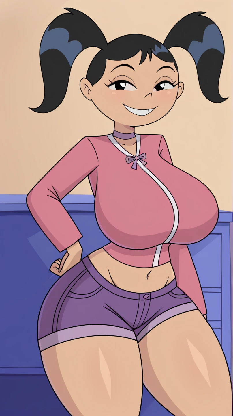 A girl with a big chest, firm black hair, long squares, purple eyes, a medium-sized rectangle, (([topless, no top on,  LARGE exposed BREASTS, PERFECT perky NIPPLES,]))) , shows a navel, and her long light gray pants, adulthood, gold pocket, pants. 