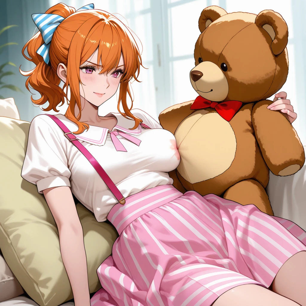, breasts, solo, stuffed toy, stuffed animal, character name, large breasts, shirt, card (medium), short hair, teddy bear, cleavage, bed, tears, breast hold, naked shirt, orange hair, blush, pillow, off shoulder, white shirt, side ponytail, looking at viewer, dress shirt, brown hair, hair ornament, brown eyes, window, indoors, covering privates, bottomless, lying, on side, pink theme, pussy juice, smile, sweat, syringe, tissue, tissue box, explicit, anime artwork, anime style, key visual, vibrant, studio anime, highly detailed, masterpiece, best quality, very aesthetic, absurdres