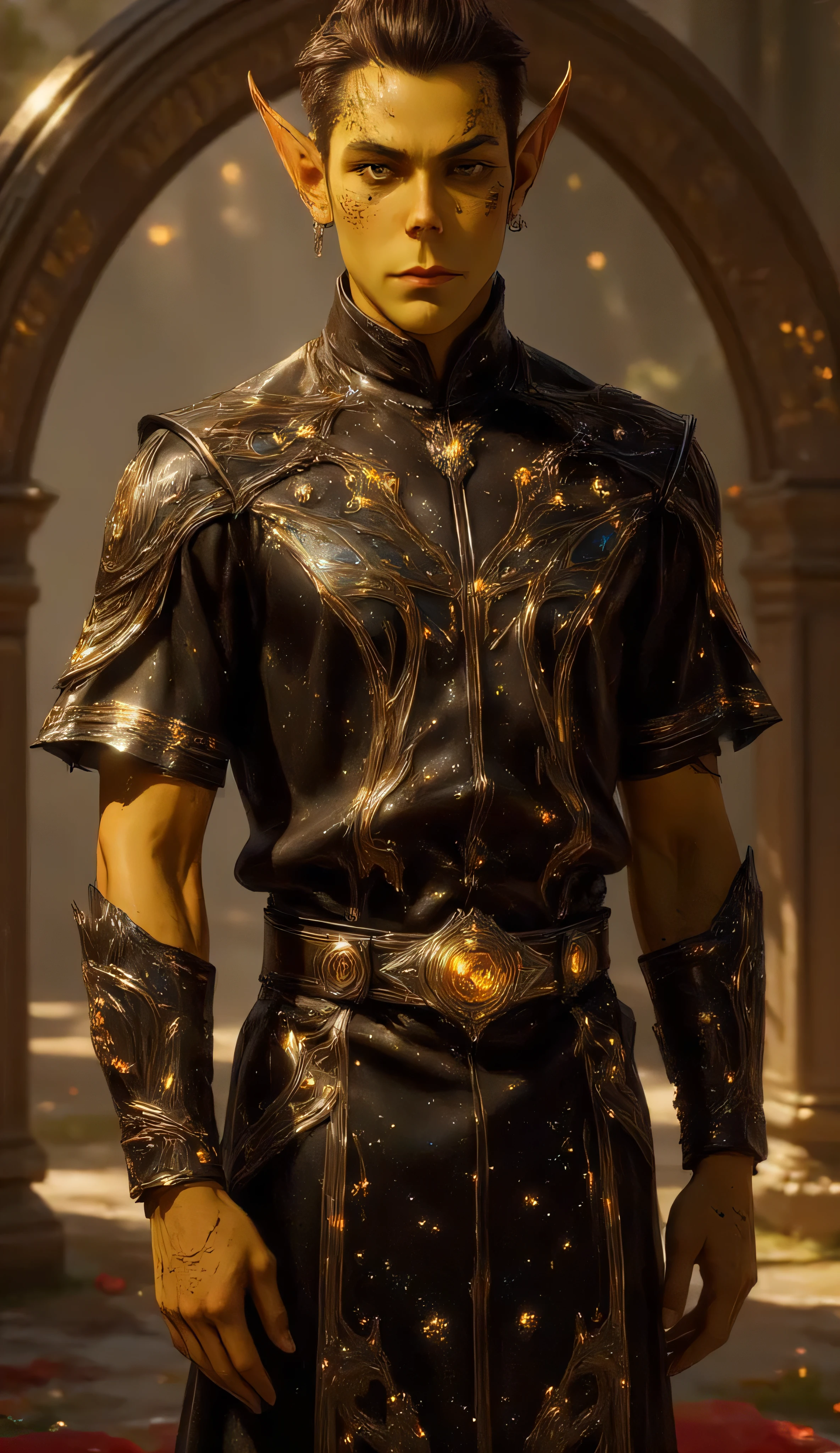 Gith, pointed ears, spots on skin, flat nose, 1male, groom, standing, full ceremonial attire, traditional Gith wedding, tall slender proportions, sharp golden eyes, smooth yellow-green skin adorned with faint psionic markings, solemn yet proud expression, layered ceremonial smoking suit in deep obsidian and bronze, decorated with ancestral sigils, embroidered constellations, shimmering energy threads, tall segmented collar, ornate belt with levitating crystal shards mark his status, ceremonial arch of floating stones inscribed with glowing Gith script, rich scene, ritual, mystery, elegance, ancient sci-fi ritual style, lighting soft ceremonial, ambient glow