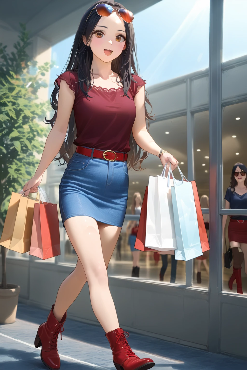 (best quality,4k,8k,highres,masterpiece:1.2),ultra-detailed, College Girl shopping in a mall, strutting her stuff, Smiling and laughing, Flirting with the viewer, HDR, 8k, absurdres, cinestill 800, sharp focus, add_detail:3 (solo woman) Gianna Michaels, Blue jeans, white top, red vest, arms out wide